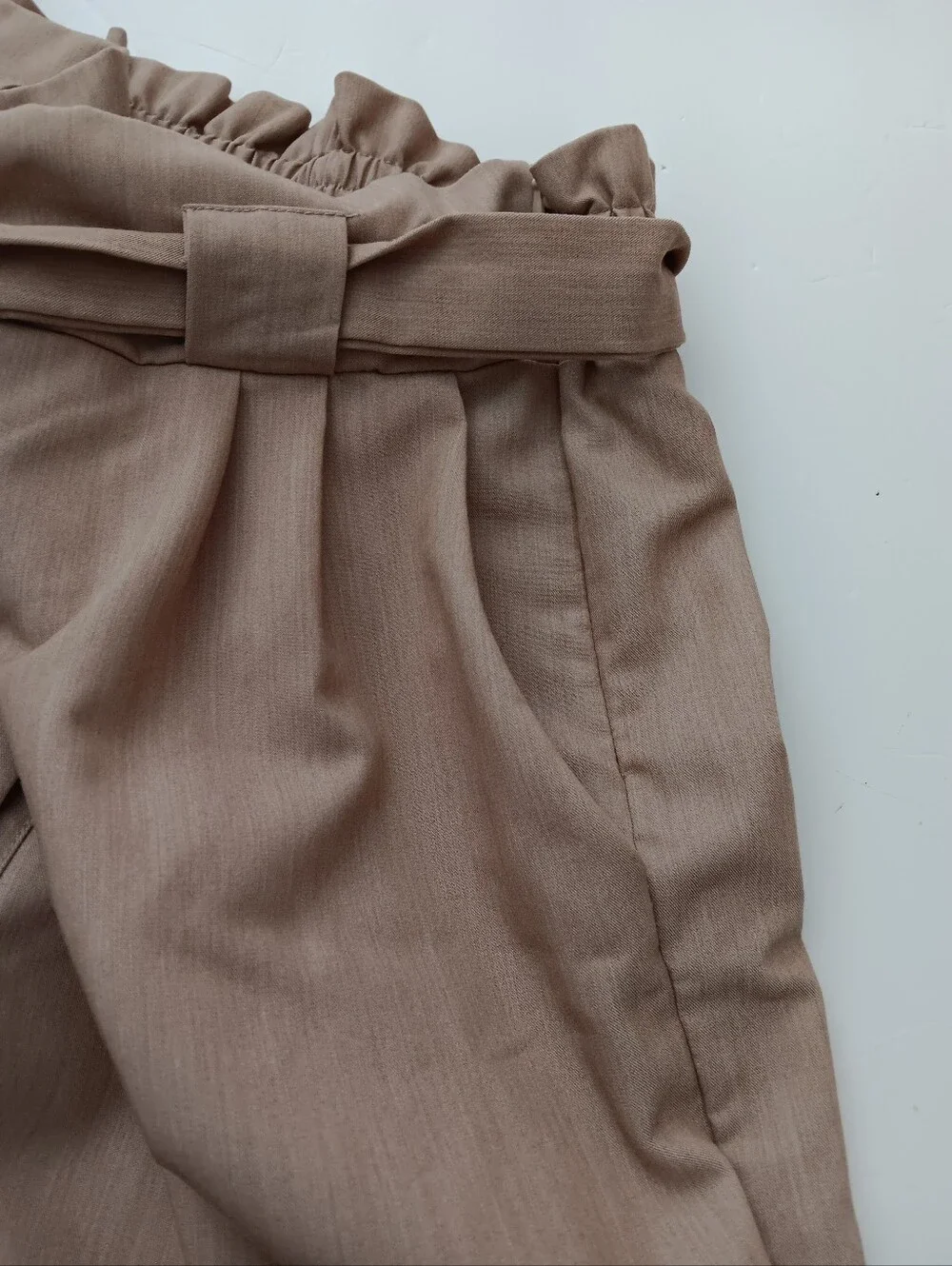 Grace Karin Beige Paperbag High Waist Bow Cuffs Side Zipper Women's Pants Sz L